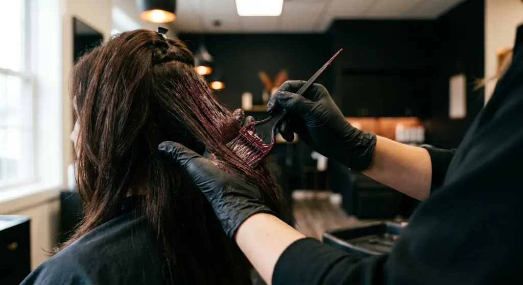 Colorist in black gloves applying burgundy hair color with a tint brush to long dark hair