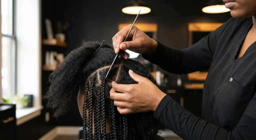 Braider parting natural hair with a rat-tail comb beside finished knotless box braids